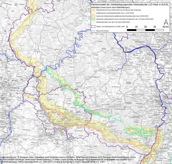 Der Westwall erstreckt sich entlang der Westgrenze von Rheinland-Pfalz und durch das Saarland. Er ist überwiegend in zwei Reihen gestaffelt. Es lassen sich mehrere Zonen bestimmen. Infanteristische Zone (1936 bis 1945). Artilleristische und infanteristische Zone (ca. 1937 bis 1945). Gemischte infanteristische/artilleristische/infrastrukturelle Zone (1938-1945). Gemischte infanteristische Zone mit leichter Flugabwehr der LVZ-West (1938-1940). Infrastrukturelle Zone der LVZ-West (1938-1940)