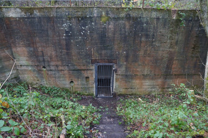 Erhaltender Bunker mit gesichertem Zugang durch eine stabile, faunagerechte Gittertür.
