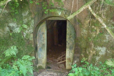 In einer mit Moos und Flechten bewachsenen Wand befindet sich der Eingang in einen Bunker.